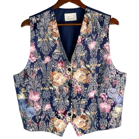 VINTAGE 90s Traditions Floral Tapestry Vest Blue Pink Mix Wingtip Button Size 16 - Picture 2 of 10